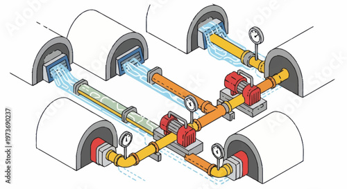 Industrial Pumping System with Multiple Pumps and Pipes.