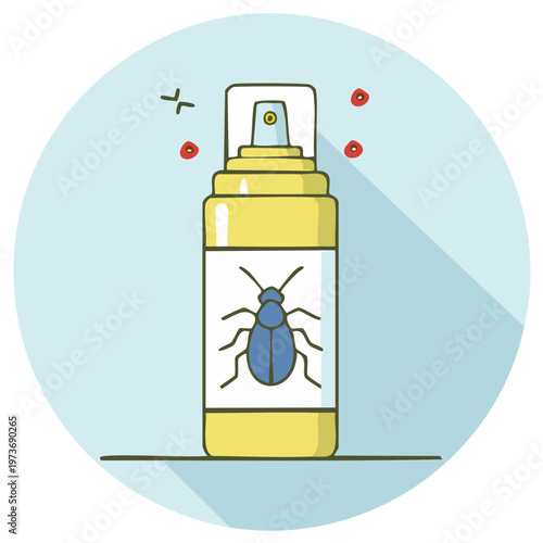 Graphic illustration depicting a spray bottle with a beetle symbol for insect repellent and pest control solutions.