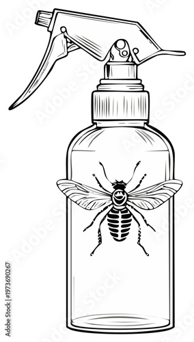Illustration of clear spray bottle with a wasp in the middle, pest control concept.