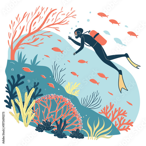 Snorkeling vector scene showing a swimmer exploring coral reefs and marine life. Ideal for tourism, travel blogs, and beach marketing visuals.