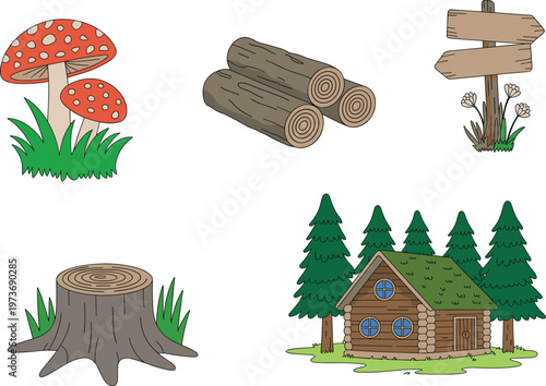 Cartoon forest elements collection with mushrooms, logs, wooden signpost, tree stump, and log cabin surrounded by evergreen trees for nature, woodland, and outdoor design themes