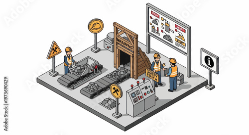 Isometric Mining Operation with Workers and Equipment.