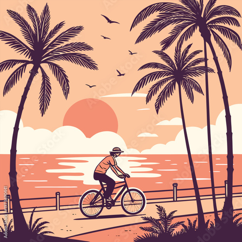 Relaxing beach cycling scene featuring a rider moving along sandy shores with ocean waves and tropical background. Ideal for travel promotions, lifestyle branding, fitness campaigns, and summer-themed