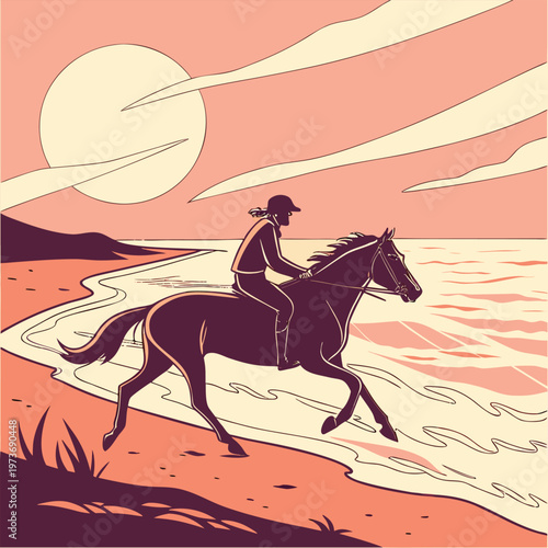 Elegant beach horse riding scene with sunset and ocean waves. Ideal for tourism branding, luxury travel, and lifestyle visuals.