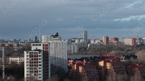 Stockholm, Sweden A skyline view of Liljeholmen and Sodermalm on a windy cloudy day. 