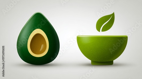 Minimalistic avocado half beside green bowl with leaf suggests healthy eating, vegan cuisine, fresh produce, eco friendly kitchen decor