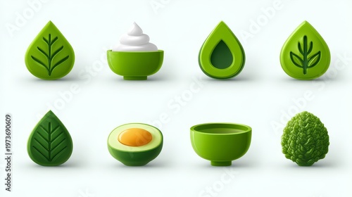 Glossy green 3D icons depicting healthy eating concepts like leaves, yogurt bowl, avocado half with yolk, droplets, and botanical shapes for nutrition branding and wellness campaigns