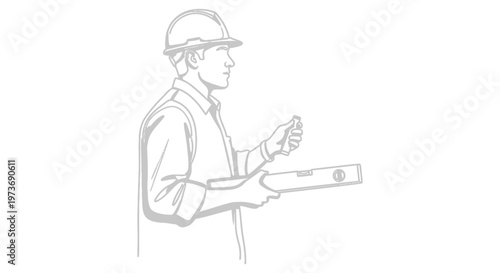 doodle construction worker engineer wearing hard hat holding spirit level and vial symbolizing precision in building.