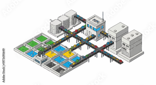 Isometric Industrial Water Treatment Plant Illustration.