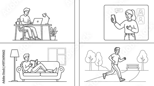 This illustration set features a wide range of modern lifestyle scenarios depicted in a clean minimalist black and white line art style.