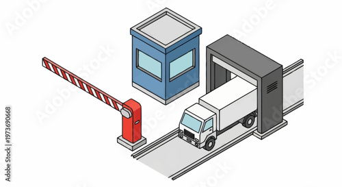 Truck passing through security checkpoint with barrier and booth.
