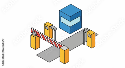 Isometric illustration of a modern toll booth and barrier system.