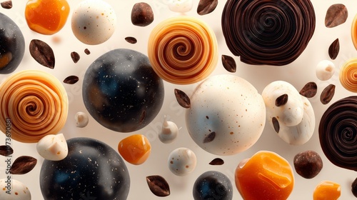 abstract macro illustration of layered spirals and glossy speckled spheres with chocolate leaves in caramel, vanilla, cocoa tones, suitable for dessert branding and confectionery campaigns