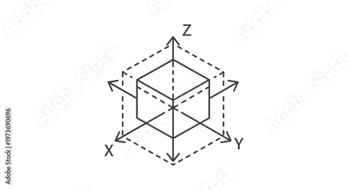 3d cube and coordinate system with x y z axes representing three-dimensional space and spatial dimensions for technology concepts.