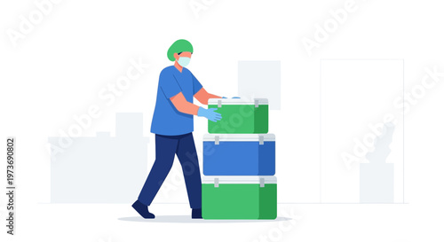 Healthcare worker carrying medical supplies in cooler boxes