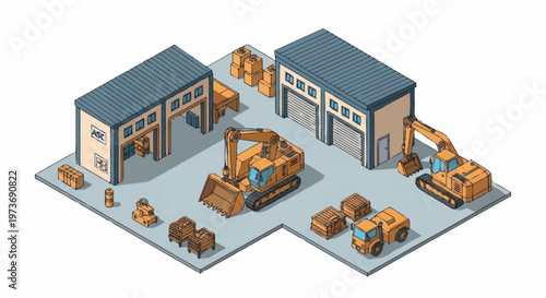 Construction Site with Heavy Machinery and Buildings.