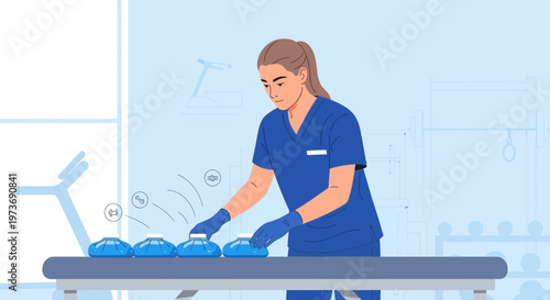 Healthcare worker cleaning gym equipment, physiotherapy, rehabilitation, medical care