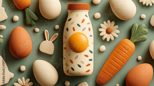 central cream bottle with orange lid decorated by multicolor speckles and bold orange circle, surrounded by eggs, carrot, bunny silhouette, daisies and leaves, conveying spring farm pantry branding