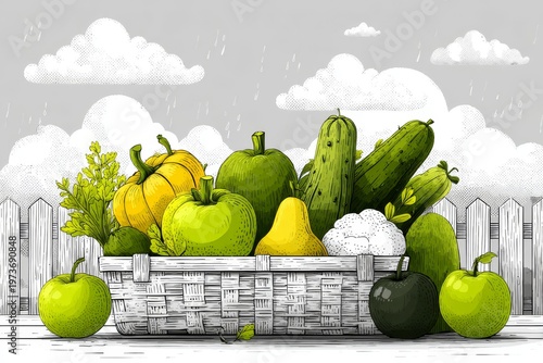Wicker basket overflowing with green and yellow farm produce including pumpkins, squash, cucumbers, apples, pears, and cauliflower against rainy garden backdrop