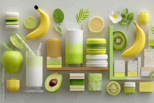 Assorted green yellow fruits, leaves, flower, glass smoothie, macarons, sugar cubes, lime slices arranged in minimal flatlay for cafe branding, lifestyle imagery, summer menu visuals