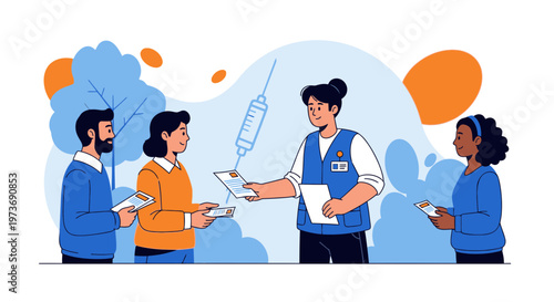 Healthcare worker gives vaccination information to diverse people at clinic