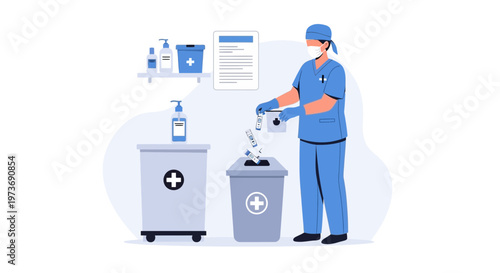 Healthcare worker disposing of medical waste in a bin, hygiene concept