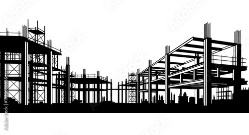 construction site silhouette with multiple building frameworks scaffolding and rebar illustrates urban development and industrial progress.