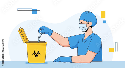 Healthcare worker disposing of syringe in biohazard bin, medical waste management concept