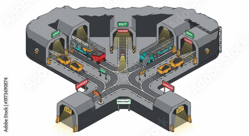 Isometric Subway Station Crossroads with Trains and Cars.