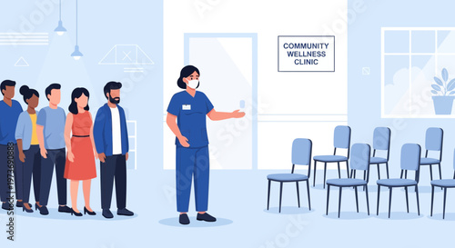 Healthcare worker guides diverse patients in line at community wellness clinic waiting room
