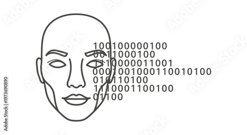 facial recognition and artificial intelligence concept illustrating a human face merging with biometric data and digital identity.