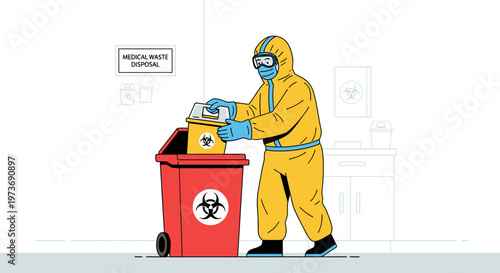 Healthcare worker in hazmat suit disposes of biohazard waste in red bin