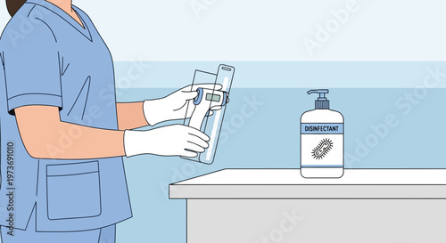 Healthcare worker in scrubs and gloves disinfects medical equipment with spray