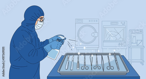Healthcare worker in protective suit sterilizing surgical instruments with spray