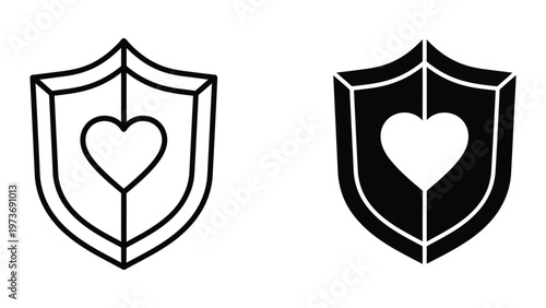 Contrasting shield designs featuring a central heart symbol in white and black versions