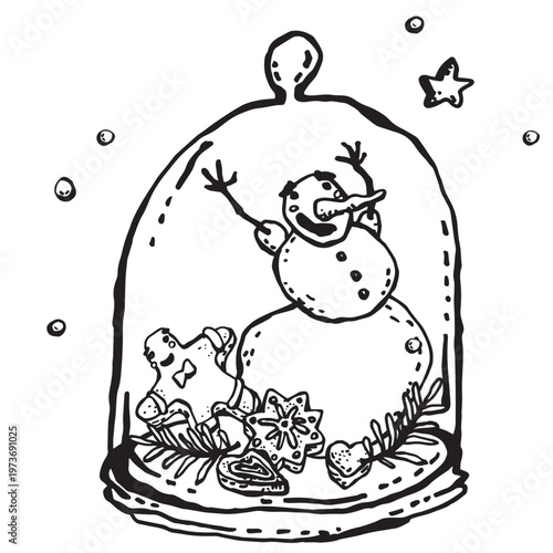 Dancing, laughing snowman with gingerbread cookies