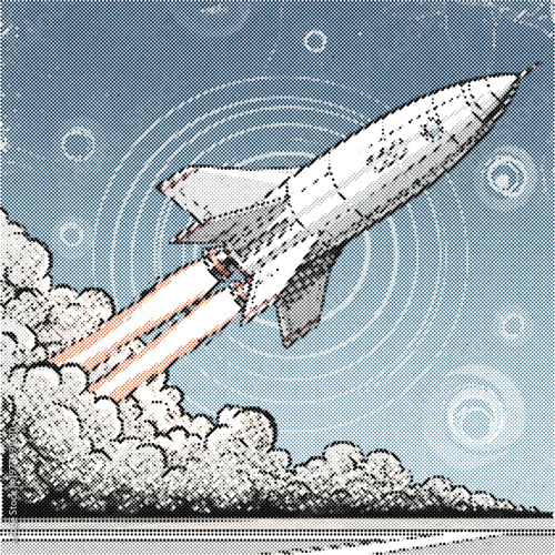 Retro pop art space shuttle launch vector for universe exploration poster