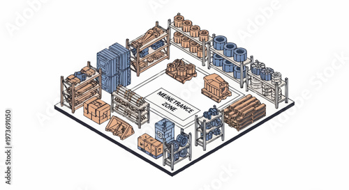 Isometric warehouse interior with organized storage and inventory.