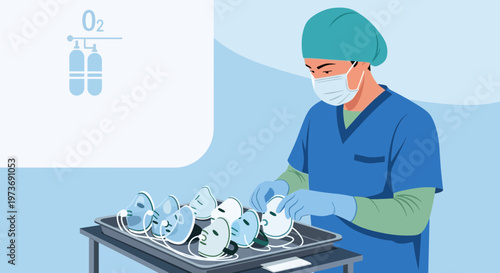 Healthcare worker prepares oxygen masks for patients, medical supplies, hospital equipment