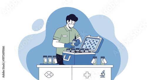 Healthcare worker packing vaccines into cooler, medical delivery, vaccination campaign concept