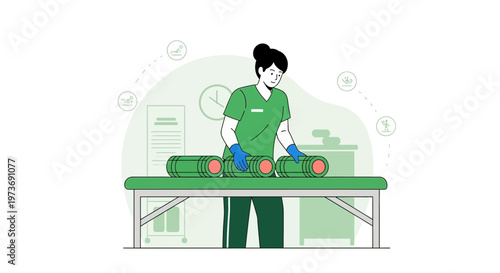 Healthcare worker preparing medical equipment on a table in a clinic