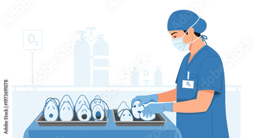 Healthcare worker preparing medical masks and oxygen equipment in a hospital setting.