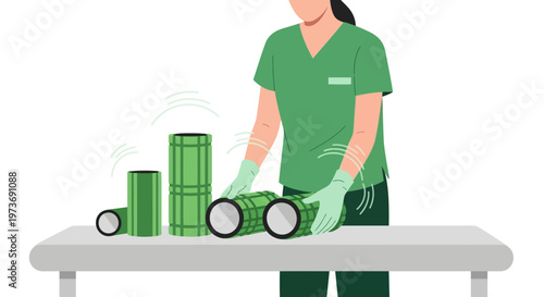 Healthcare worker preparing medical equipment for sterilization on a table