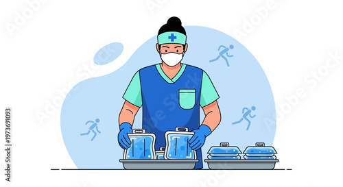 Healthcare worker preparing medical samples in a lab, with running figures in background