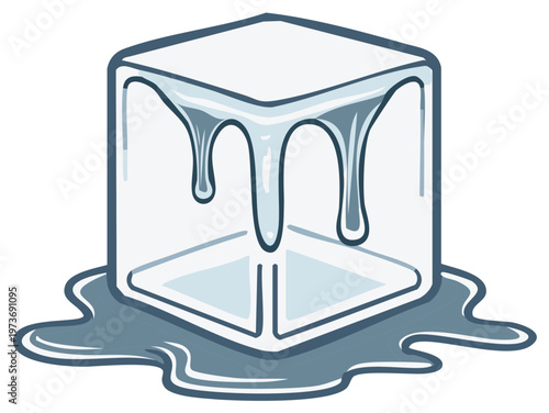 Melting cartoon ice cube symbol with stylized water drips and puddle below, isolated on white