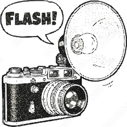 Vintage halftone camera with flash vector graphic for photography logo