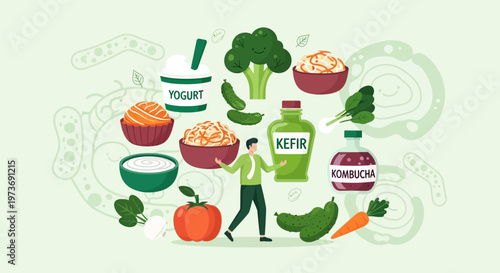 Healthy Gut Bacteria Foods: Yogurt, Kefir, Kombucha, Broccoli, Tomato, Carrot, Spinach