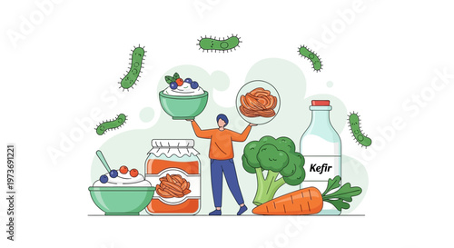 Healthy Gut Bacteria and Fermented Foods: Kefir, Yogurt, Broccoli, Carrots, and Probiotics