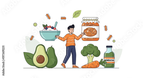 Healthy Eating Concept: Person with Organic Foods, Probiotics, and Superfoods