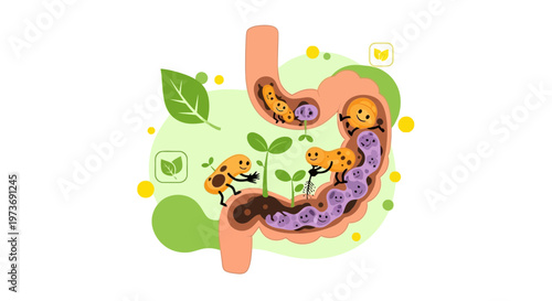 Healthy Gut Microbiome: Cartoon Bacteria Growing Plants in Digestive System
